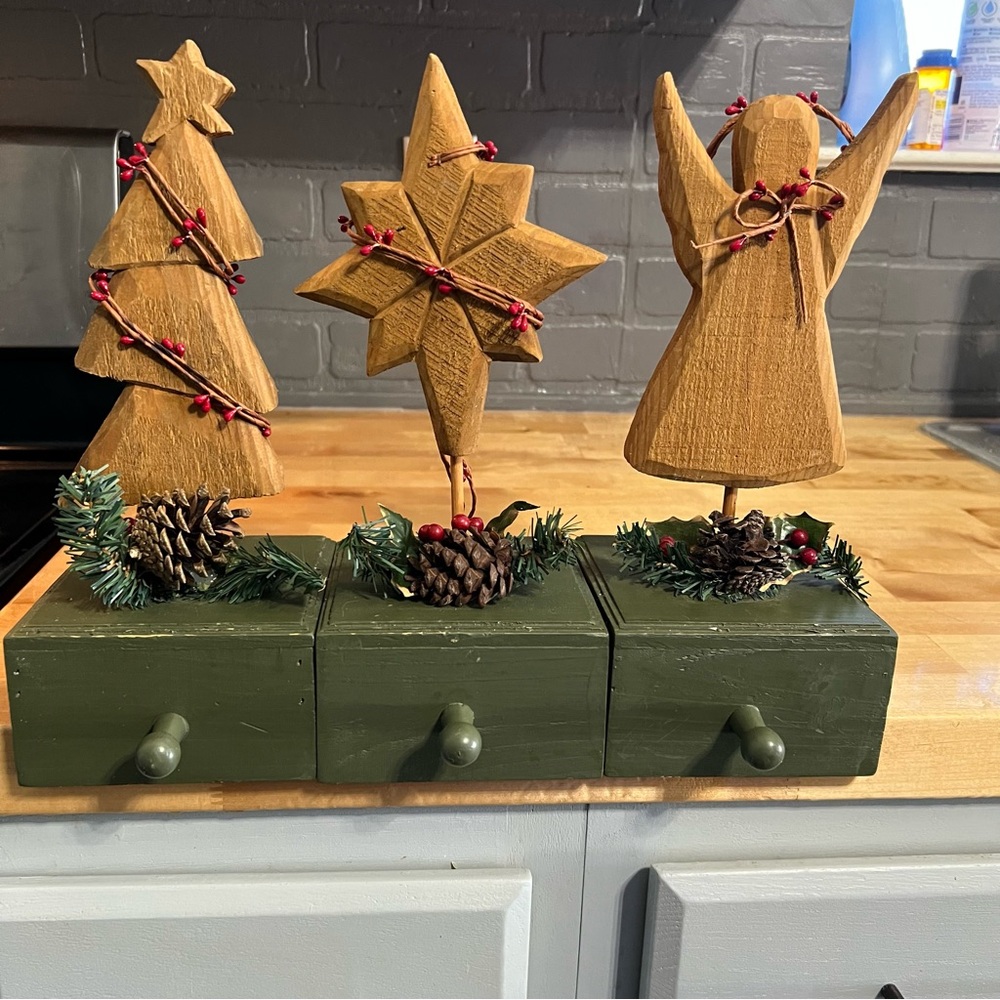 3 Rustic Folk Art Wooden Stocking Holders Christmas Tree, Star, and Angel 11-12”